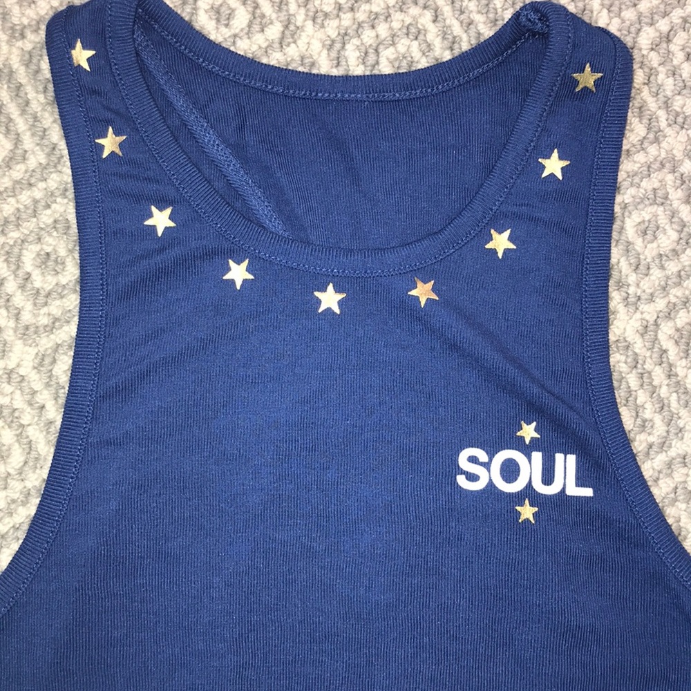 Soulcycle open back tank blue and gold